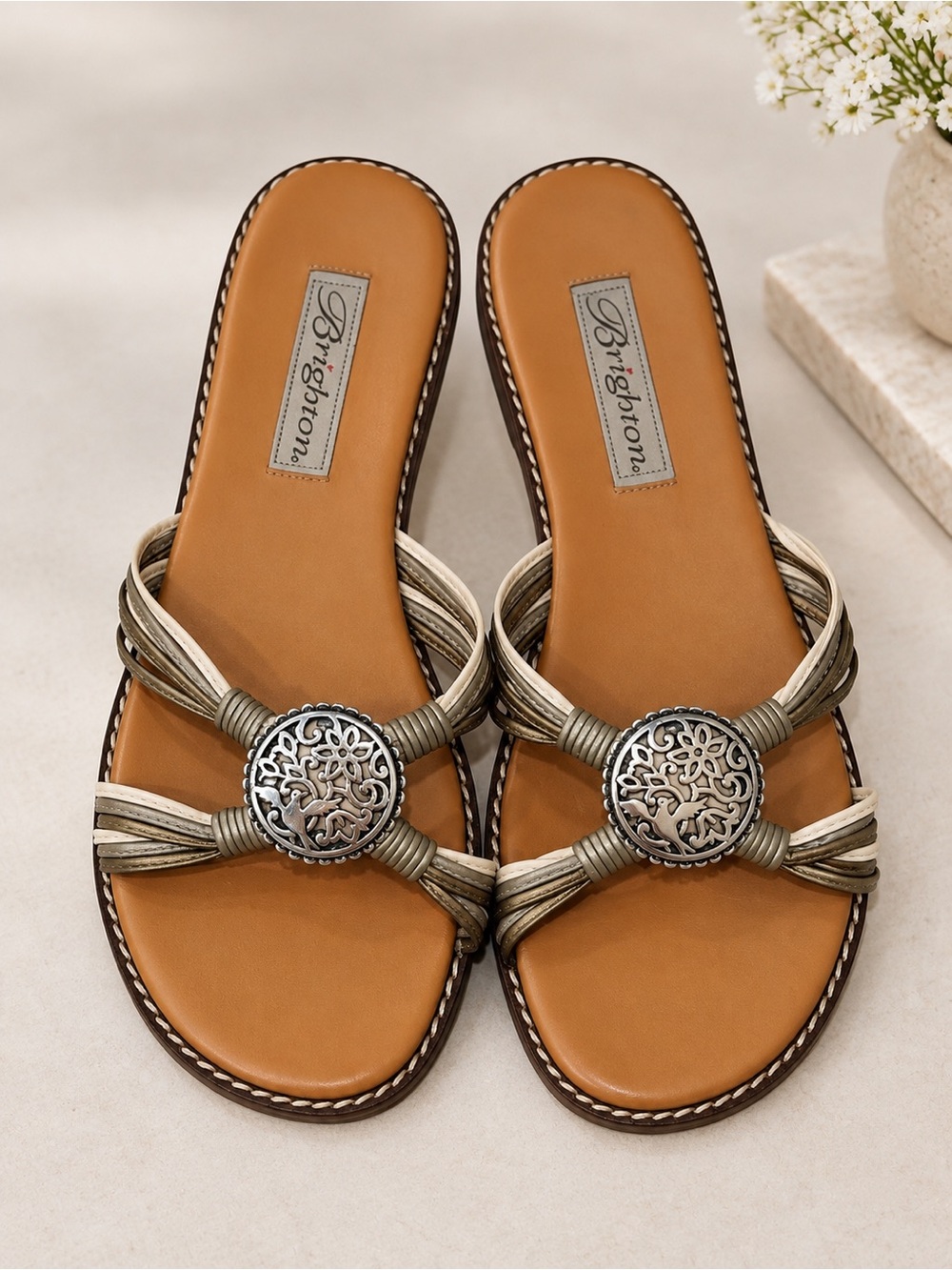 Brighton Ornate Gold Bronze Silver Leather Slide Sandals Size 8.5